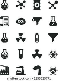 Solid Black Vector Icon Set - round flask vector, manufacture, factory, oil, industrial building, radiation, carbon dyoxide, filter, water, research article, test tube, molecule, nuclear, biohazard