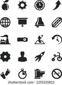 Solid Black Vector Icon Set - Truck Lorry Vector, Bell, Stopwatch, Clock Face, Camera Roll, Children's Tracks, Child Bicycle, Temperature, Earth, Hot Dog, Blueberry, Factory, Woman, Projector, Sun