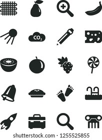 Solid Black Vector Icon Set - graphite pencil vector, magnifier, zoom, children's tracks, suitcase, bell, artificial satellite, piece of cheese, pie, lollipop, grape, pear, tangerine, banana, kiwi