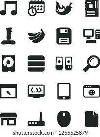 Solid Black Vector Icon Set - chili vector, bananas, stall, computer, tablet pc, mouse, motherboard, hdd, router, speaker, browser, floppy, coding, magnifier, note, joystick, big data, file