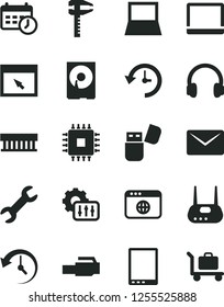 Solid Black Vector Icon Set - calipers vector, tablet pc, notebook, radiator fan, cpu, hdd, router, usb flash, headphones, browser, lan connector, mail, repair, history, schedule clock, settings