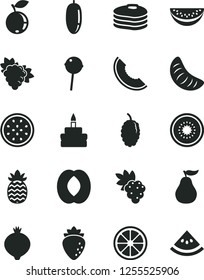Solid Black Vector Icon Set - birthday cake vector, Chupa Chups, pancakes, grape, branch of, raspberry, medlar, blueberry, mulberry, slice melon, half peach, water, date fruit, tangerine, kiwi