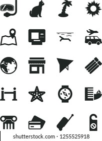 Solid Black Vector Icon Set - earth vector, hang glider, rope barrier, rolling case, atm, credit card, hotel, beach, sun, palm tree, starfish, diving mask, transfer, pets, map, store, column