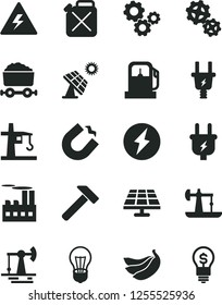 Solid Black Vector Icon Set - danger of electricity vector, hammer, bananas, solar panel, big, oil derrick, working, gas station, bulb, plug, electric, industrial building, gears, canister, idea