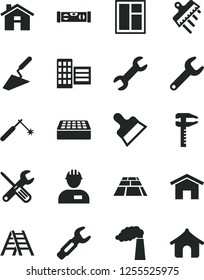 Solid Black Vector Icon Set - house vector, workman, trowel, window, small tools, ladder, building level, city block, brick, putty knife, spatula, paving slab, home, manufacture, welding, repair key