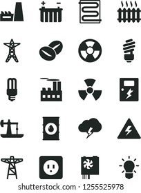 Solid Black Vector Icon Set - danger of electricity vector, saving light bulb, power socket type b, dangers, heating coil, storm cloud, coffee beans, oil derrick, battery, line, pole, thermal plant