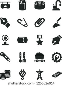 Solid Black Vector Icon Set - open pin vector, iron fork spoons, hook, trowel, gear, stationery knife, kitchen faucet, coins, clip, canned goods, power line, pipe, pipes, trolley with coal, ink pen