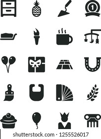 Solid Black Vector Icon Set - toys over the cradle vector, bib, colored air balloons, balloon, building trowel, color samples, plastic brush, paving slab, nightstand, muffin, cake slice, cup of tea