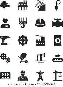 Solid Black Vector Icon Set - builder vector, workman, winch hook, gears, concrete mixer, drill, construction helmet, plummet, working oil derrick, coal mining, valve, power line, enterprise, gear