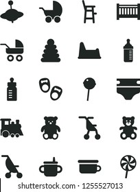 Solid Black Vector Icon Set - baby cot vector, mug for feeding, bottle, measuring, diaper, stroller, carriage, summer, sitting, stacking rings, children's potty, chair, a child, teddy bear, small