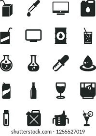 Solid Black Vector Icon Set - measuring cup for feeding vector, e, packing of juice with a straw, screen, glass soda, tea, can, round flask, oil, canister, drop, bottle, monitor, test tube, pipette