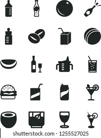 Solid Black Vector Icon Set - measuring cup for feeding vector, bottle, bath ball, e, packing of juice with a straw, burger, coffee beans, glass soda, tea, cocktail, can, orange, piece coconut, half