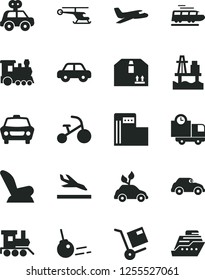 Solid Black Vector Icon Set - car child seat vector, motor vehicle, present, baby toy train, tricycle, core, delivery, cardboard box, shipment, sea port, modern gas station, retro, helicopter, plane