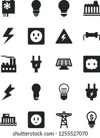 Solid Black Vector Icon Set - lightning vector, danger of electricity, matte light bulb, power socket type b, f, hydroelectric station, hydroelectricity, pole, plug, electric, industrial building