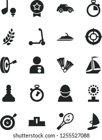 Solid Black Vector Icon Set - stopwatch vector, child Kick scooter, racer, retro car, laurel branch, pedestal, cup, pawn, man with medal, target, purpose, star, aim, sail boat, flippers, tennis