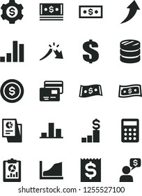 Solid Black Vector Icon Set - dollar vector, cards, column of coins, bar chart, a crisis, statistical overview, financial item, cash, research, calculator, growth graph, arrow up, coin, pedestal
