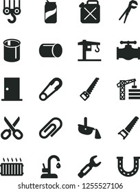 Solid Black Vector Icon Set - scissors vector, clip, safety pin, crane, tower, winch hook, adjustable wrench, hand saw, arm, ntrance door, kitchen faucet, soda can, valve, canister, pipe, pipes