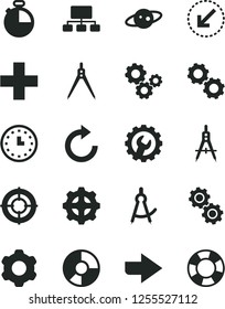 Solid Black Vector Icon Set - right direction vector, plus, clockwise, cogwheel, gear, left bottom arrow, timer, Measuring compasses, gears, scheme, ring diagram, wall watch, drawing compass, saturn
