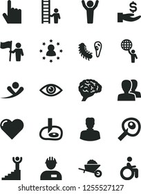 Solid Black Vector Icon Set - women vector, workman, garden trolley, heart, index finger, eye, woman, get a wage, brain, bactery, artifical insimination, winner stairway, man hold world, hands up
