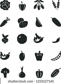 Solid Black Vector Icon Set - fried vegetables on sticks vector, cabbage, cucumber, chili, peper, garlic, carrot, squash, mulberry, goji berry, Bell pepper, ripe, red, hot, onion, potato, beet, peas