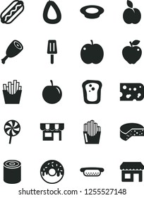 Solid Black Vector Icon Set - kiosk vector, stick of sausage, piece cheese, tin, Hot Dog, mini, glazed cake with a hole, plate milk, chicken thigh, lollipop, French fries, fried potato slices, apple