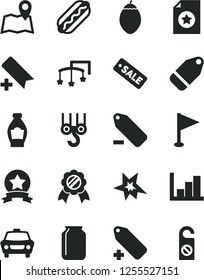 Solid Black Vector Icon Set - add bookmark vector, label, remove, pennant, negative histogram, toys over the cot, winch hook, car, Hot Dog, bottle, tamarillo, jar, season sale, bang, medal, map