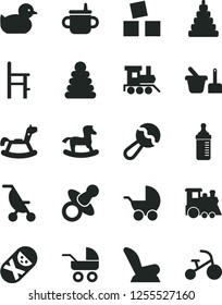 Solid Black Vector Icon Set - dummy vector, mug for feeding, measuring bottle, beanbag, car child seat, baby stroller, carriage, summer, duckling, stacking rings, toy, tumbler, sand set, a chair