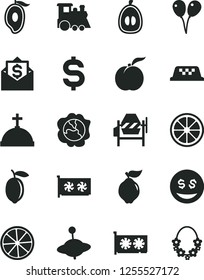 Solid Black Vector Icon Set - children's train vector, yule, colored air balloons, concrete mixer, ripe peach, squash, quince, half of mango, loquat, lemon, juicy, slice, denomination the dollar