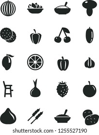 Solid Black Vector Icon Set - a chair for feeding child vector, mushroom, bowl of buckwheat porridge, rice, plate fruit, barbecue, biscuit, cherry, fig, tasty raspberry, water melon, mango, date