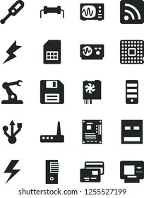Solid Black Vector Icon Set - lightning vector, floppy disk, rss feed, electronic thermometer e, cards, processor, assembly robot, SIM card, pc power supply, tower, motherboard, usb, router, atm