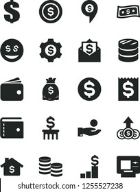 Solid Black Vector Icon Set - purse vector, dollar, coins, column of, financial item, catch a coin, wallet, dollars, mortgage, pedestal, gear, eyes, growth, money mail, pin, atm