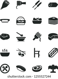 Solid Black Vector Icon Set - plates and spoons vector, a chair for feeding, sausage, cheese, Hot Dog, mini, burger, spaghetti, noodles, porridge, lettuce in plate, grill chicken leg, bacon, cafe
