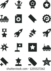 Solid Black Vector Icon Set - add bookmark vector, remove label, star gear, rocket, lunar rover, bang, cup, reward, medal, flag, hero, certificate, three stars, starfish