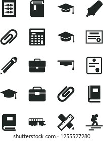 Solid Black Vector Icon Set - clip vector, briefcase, graphite pencil, book, new abacus, portfolio, writing accessories, square academic hat, text highlighter, engineer calculator, graduate, patente