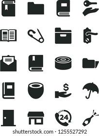 Solid Black Vector Icon Set - book vector, open pin, e, door knob, ntrance, received letter, umbrella, folder, 24, canned goods, half of coconut, stall, get a wage, arm with key, champagne
