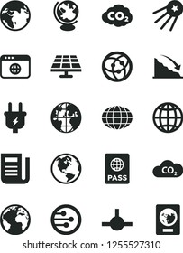 Solid Black Vector Icon Set - sign of the planet vector, earth, passport, solar panel, plug, CO2, carbon dyoxide, globe, recession, newspaper, network, browser, connect, first satellite