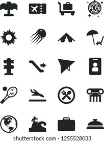 Solid Black Vector Icon Set - earth vector, hang glider, escalator, suitcase, plane ticket, arrival, tent, arnchair under umbrella, sun, disco ball, cafe, restaurant, surfing, baggage, tennis
