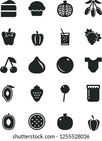 Solid Black Vector Icon Set - Child T shirt vector, cake, piece of, peper, Chupa Chups, a glass soda, jam, strawberry, orange, cherry, pomegranate, half, branch grape, fig, mango, goji berry, ripe