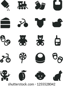 Solid Black Vector Icon Set - baby powder vector, bib, Child T shirt, duckling, warm socks, toy mobile phone, teddy bear, small, children's hairdo, train, bicycle, tricycle, piece of cake, lollipop