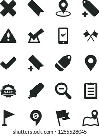 Solid Black Vector Icon Set - warning vector, add bookmark, zoom out, check mark, cross, label, pennant, flag, location, geolocation, text highlighter, sale, clipboard, flags, confirm, dollar pin