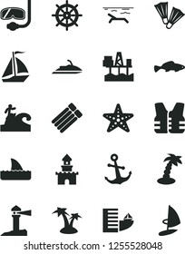 Solid Black Vector Icon Set - anchor vector, small fish, commercial seaport, coastal lighthouse, sand castle, sail boat, hotel, beach, palm tree, starfish, flippers, diving mask, surfing, handwheel