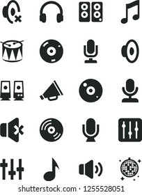 Solid Black Vector Icon Set - desktop microphone vector, horn, loudspeaker, silent mode, drum, music, CD, regulator, volume, no sound, headphones, pc speaker, note, settings, disco ball