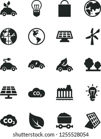 Solid Black Vector Icon Set - paper bag vector, solar panel, leaf, wind energy, planet, Earth, bulb, hydroelectricity, trees, eco car, environmentally friendly transport, electric, CO2, sun