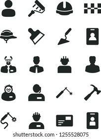 Solid Black Vector Icon Set - workman vector, building trowel, paint roller, ceramic tiles, construction helmet, putty knife, hammer with claw, employee, pass card, builder, welding, gas, woman, man
