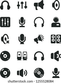 Solid Black Vector Icon Set - desktop microphone vector, loudspeaker, silent mode, headphones, CD, regulator, volume, no sound, operator, megaphone, pc speaker, settings