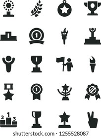 Solid Black Vector Icon Set - pedestal vector, flame torch, winner, laurel branch, podium, prize, award, cup, gold, star, reward, medal, man hold flag, with pennant, ribbon, hero, victory hand