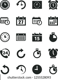 Solid Black Vector Icon Set - daily calendar vector, stopwatch, clock face, alarm, clockwise, counterclockwise, wall, timer, 24, watch, black, agenda, history, schedule