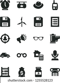 Solid Black Vector Icon Set - floppy disk vector, hat, camera roll, new abacus, toy mobile phone, estimate, alarm clock, jar of jam, windmill, retro car, antique advertising signboard, man in sight