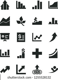 Solid Black Vector Icon Set - growth up vector, plus, line chart, graph, positive histogram, leaves, bar, article on the dollar, financial report, carrer stairway, arrows, arrow, pedestal