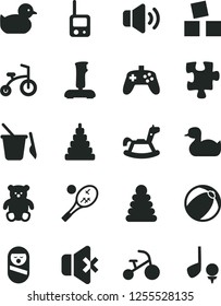Solid Black Vector Icon Set - rubber duck vector, baby duckling, bath ball, stacking rings, toy, roly poly doll, phone, children's sand set, small teddy bear, rocking horse, cubes for children, golf